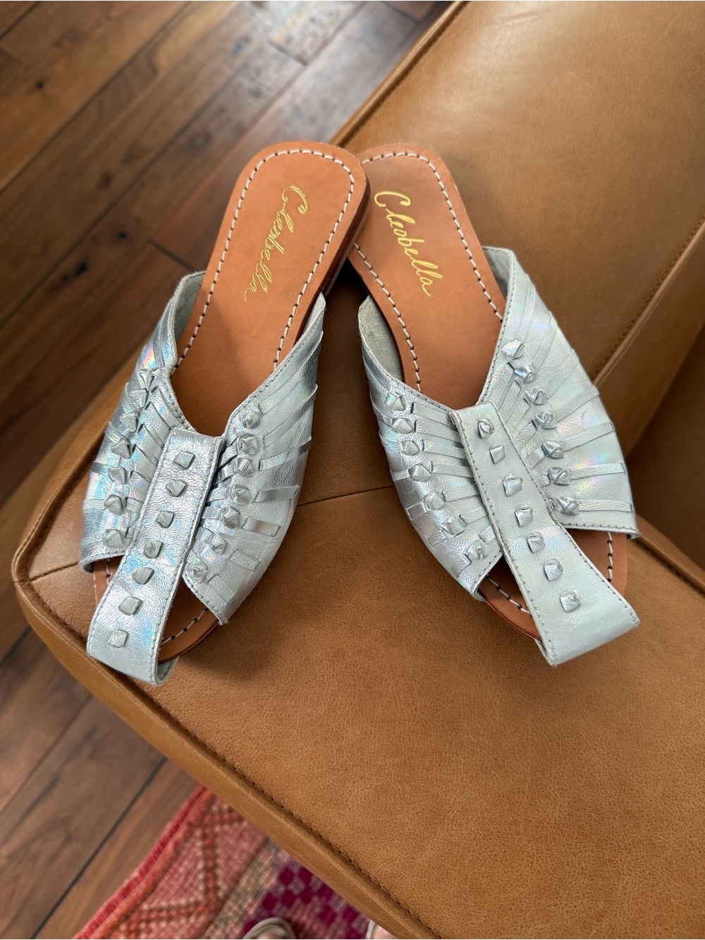 Cleobella Monroe Slide Iridescent Metallic Silver Leather sz: 7